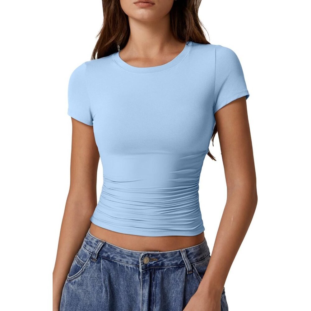 Women's Crop Tops Sky Blue Short Sleeve Classic Round Neck Side Ruched Pleated